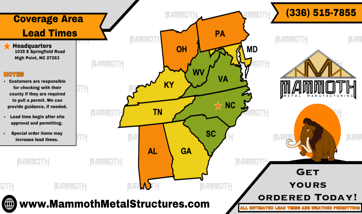 Map of southeastern US states with coverage areas, Mammoth Metal Structures contact information, and logo.