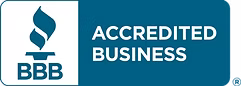 BBB Accredited Business logo, white text on a teal rectangle, with a blue flame icon.
