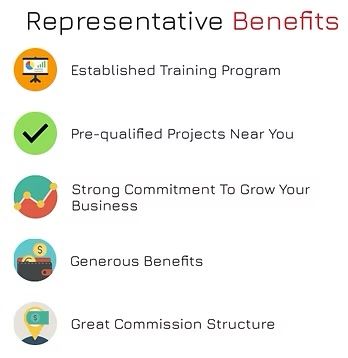 Infographic listing representative benefits: training, projects, business growth, generous benefits, and great commission.