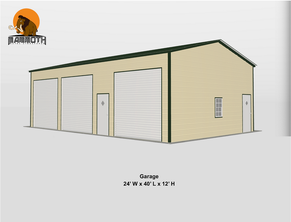 Garage building with three bays, tan siding, green trim, and a logo in the top left corner.