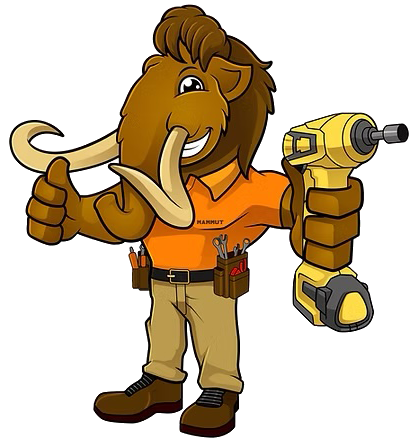 Mammoth mascot wearing work clothes gives a thumbs-up and holds a power drill.