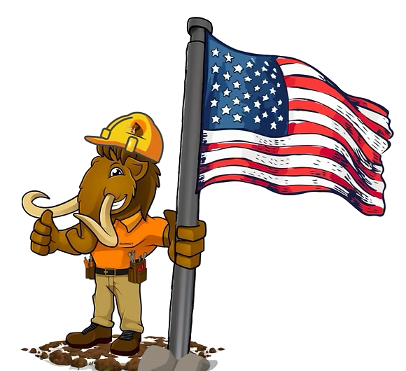 Mammoth wearing a hard hat, holding a US flag and giving a thumbs up.