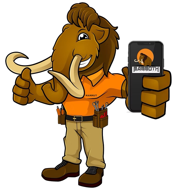 Cartoon mammoth holding phone with thumbs-up; wears tool belt and orange shirt; smiles.