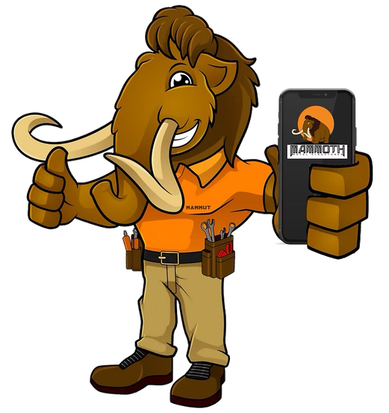 Cartoon mammoth holding phone with thumbs-up; wears tool belt and orange shirt; smiles.