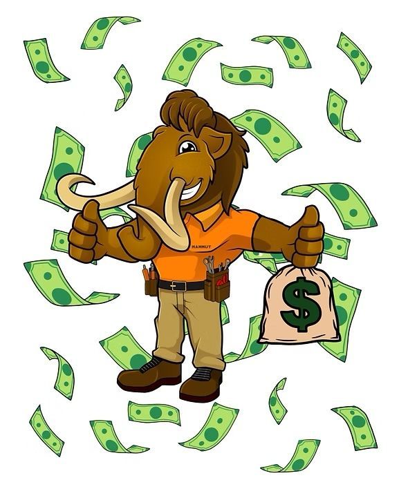 Mammoth with thumbs up holding money bag, surrounded by falling cash.