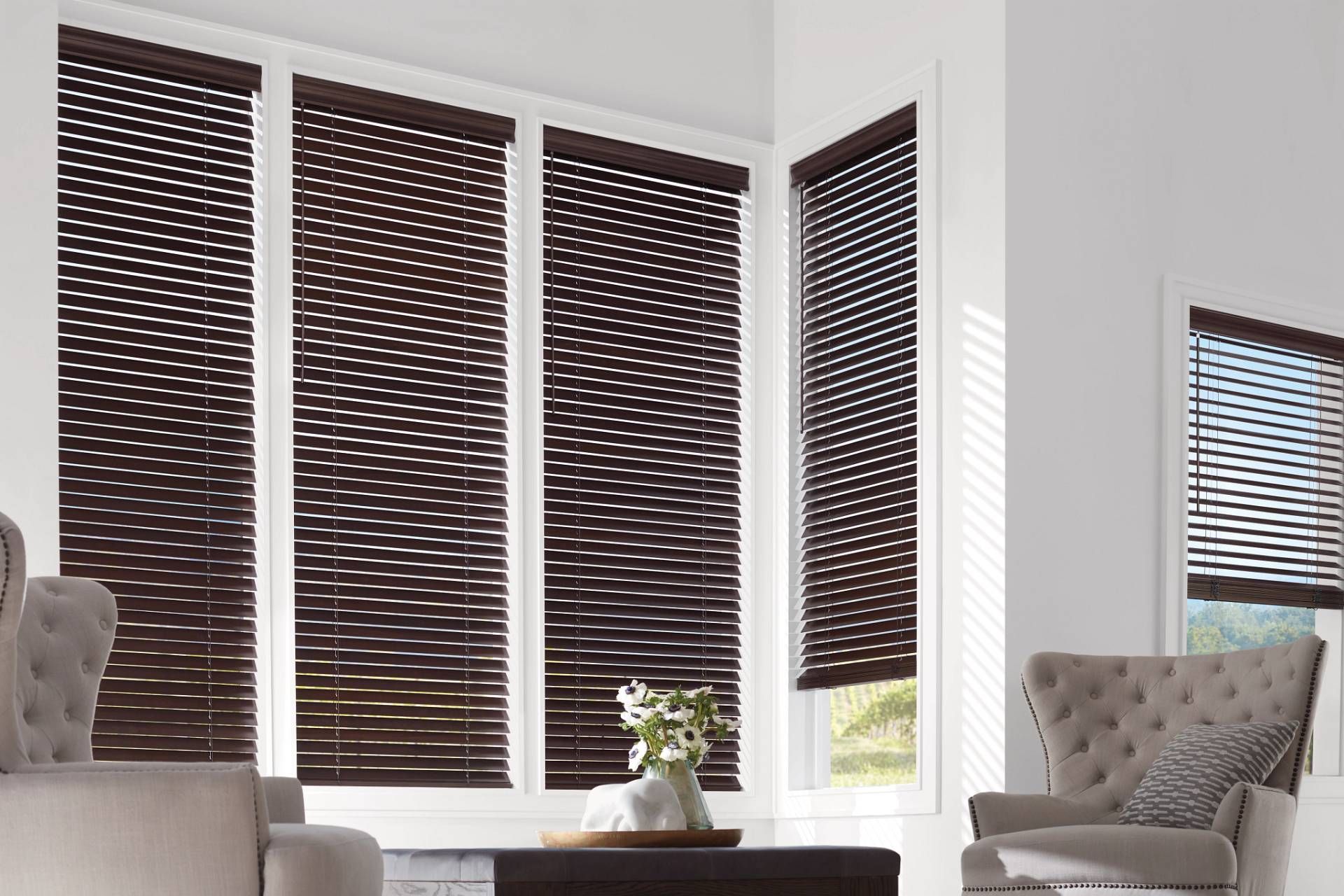 Hunter Douglas Parkland® Wood Blinds in a classic living room near Frederick, MD