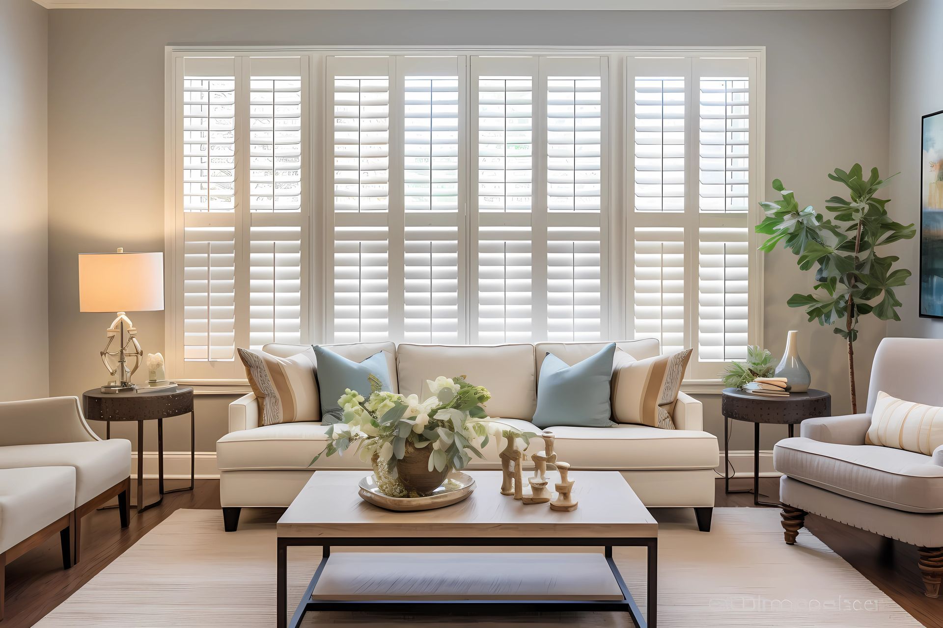 Plantation Shutters in Living Room with Sofa, Two Chairs, Coffee Table, and Area Rug