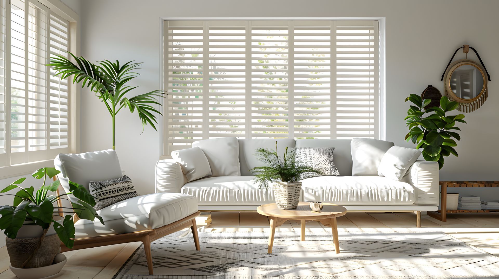 White shutters in a modern living room.