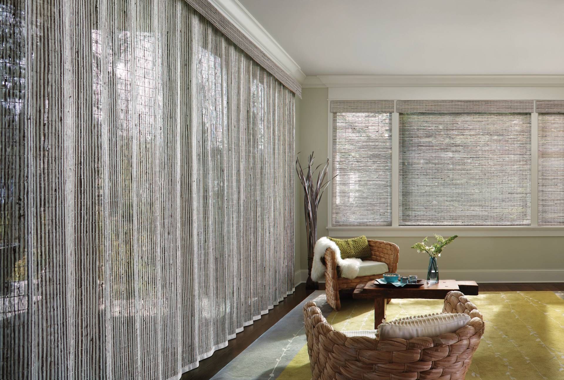 Hunter Douglas Provenance® Woven Wood Shades blocking light in a living room near Frederick, MD