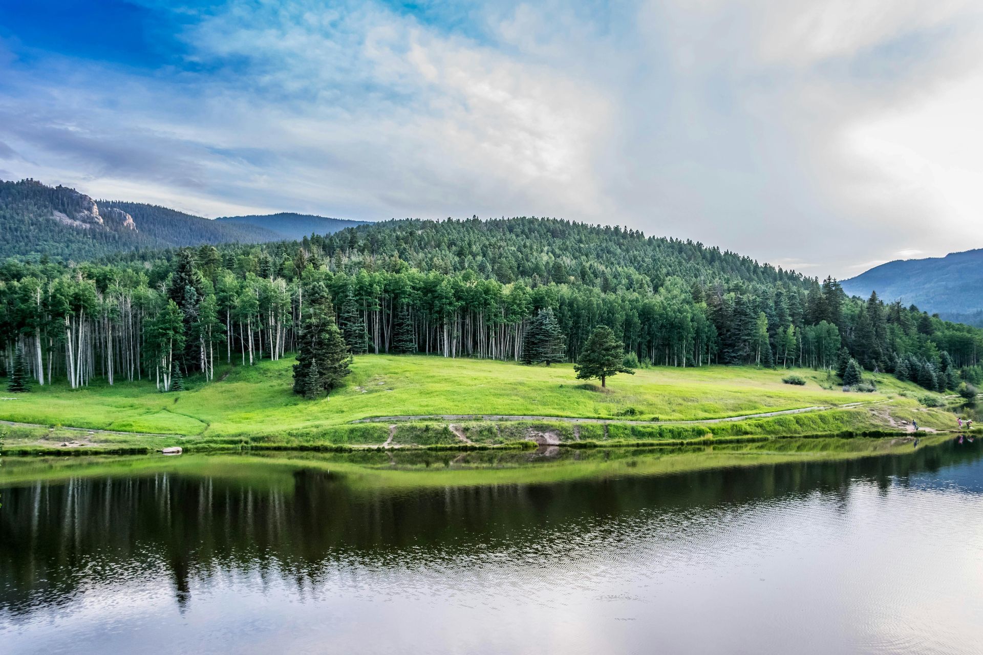 lake, grass and green wooded landscape in henderson colorado
