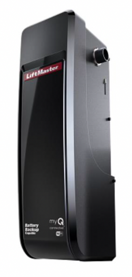 Un ouvre-porte de garage Liftmaster noir sur fond blanc