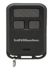 Une télécommande de porte de garage Liftmaster noire avec deux boutons