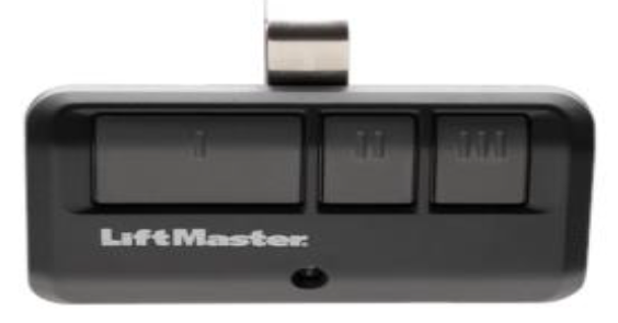 Une télécommande de porte de garage Lift Master noire sur fond blanc.