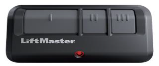 Une télécommande de porte de garage Liftmaster noire avec une lumière rouge dessus.