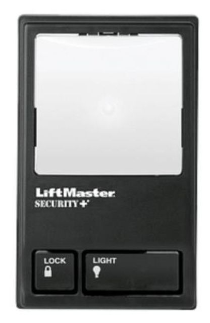 Une télécommande de sécurité Liftmaster noire sur fond blanc