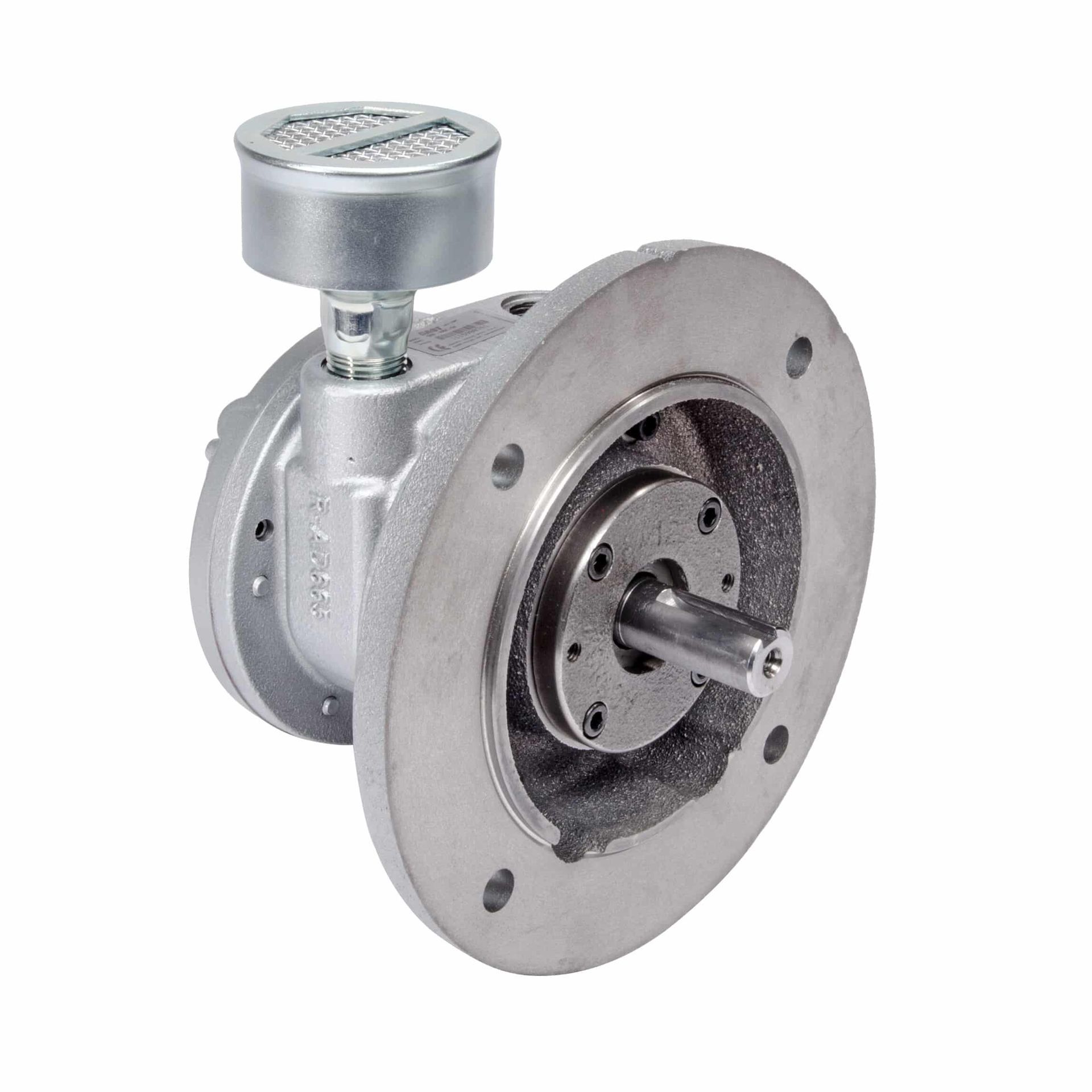 Gray industrial pump with a circular flange and shaft protruding.