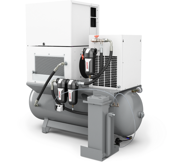 Champion air compressor system with tank. White and grey.