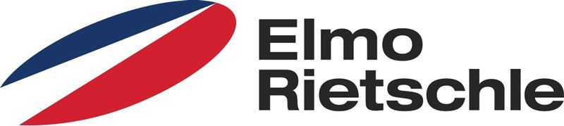 Logo of Elmo Rietschle. Blue, white, and red swoosh with text 
