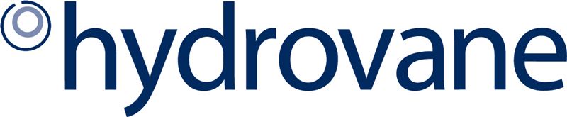 Hydrovane logo, navy blue text, stylized 