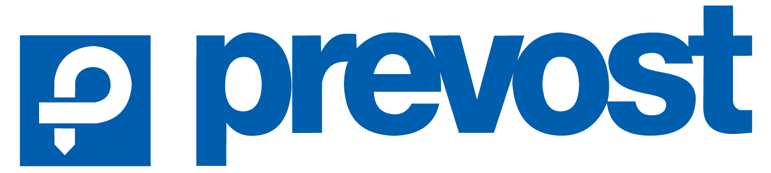 Blue and white Prevost logo with icon of a white pipeline bent round to form the letter P, on a blue square background