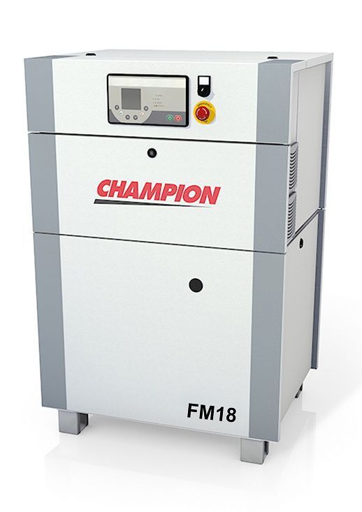 Champion FM18 air compressor, white and gray cabinet with control panel and emergency stop button.