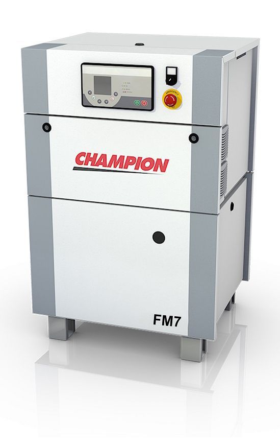 Champion FM7 air compressor, white and gray cabinet, red logo, control panel, and emergency stop button.