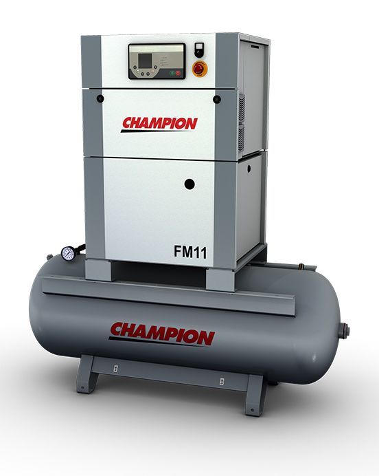 Champion FM11 air compressor. Grey tank and machine with Champion logo.