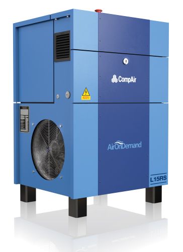 Blue and black CompAir L15RS air compressor with fan, control panel, and Air On Demand logo.
