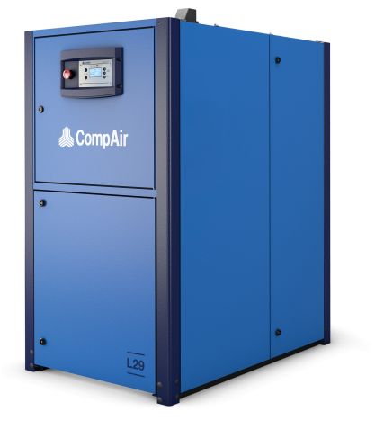 Blue CompAir L29 air compressor with a control panel, indoors.