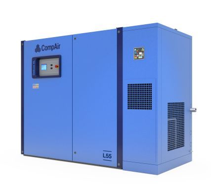 Blue CompAir L55 industrial air compressor with control panel, cooling vents, and branding.