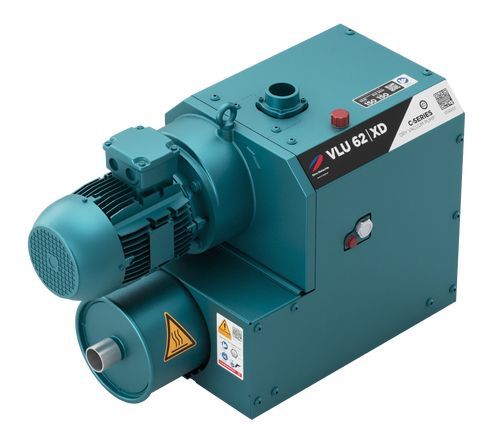 Blue industrial vacuum pump with motor and warning labels.