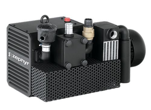 Black Zephyr vacuum pump with perforated front panel and various connected components.