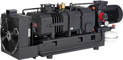 Black industrial vacuum pump with fan and motor.