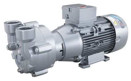 Silver centrifugal pump with an electric motor attached.