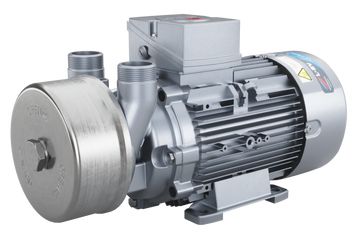 Stainless steel centrifugal water pump, silver and gray, with inlets and electrical housing.