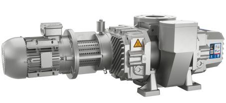 A silver industrial vacuum pump with an attached motor.