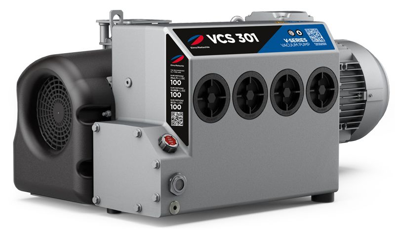 Vacuum pump, silver and black, with multiple intake ports and an attached motor.