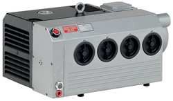 Silver industrial vacuum pump with four suction ports and black cooling fins.