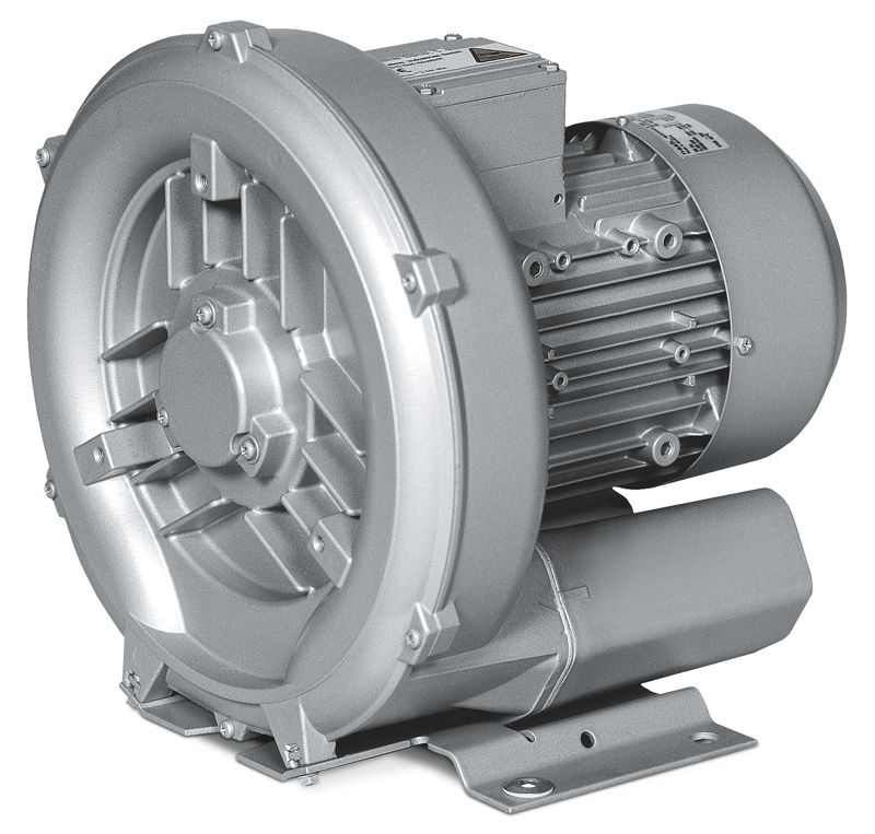 Gray centrifugal blower with motor attached, used for air movement.