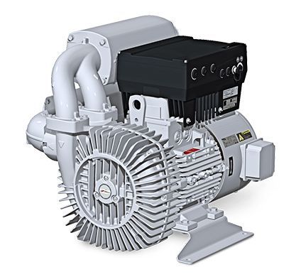 Gray industrial vacuum pump with a black control box and ribbed casing.