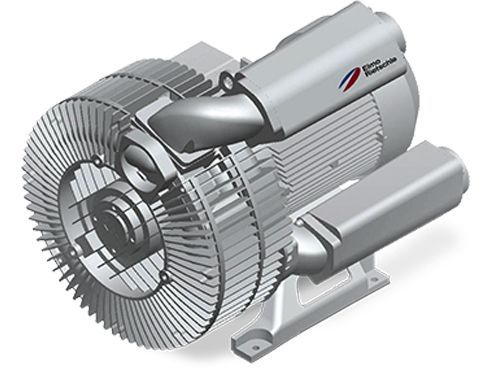Gray centrifugal compressor with a ribbed body and fan-like blades.