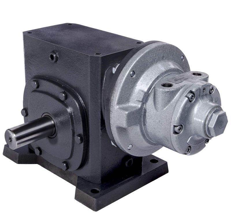 Black and silver industrial gearbox with a prominent output shaft, mounted on a base.