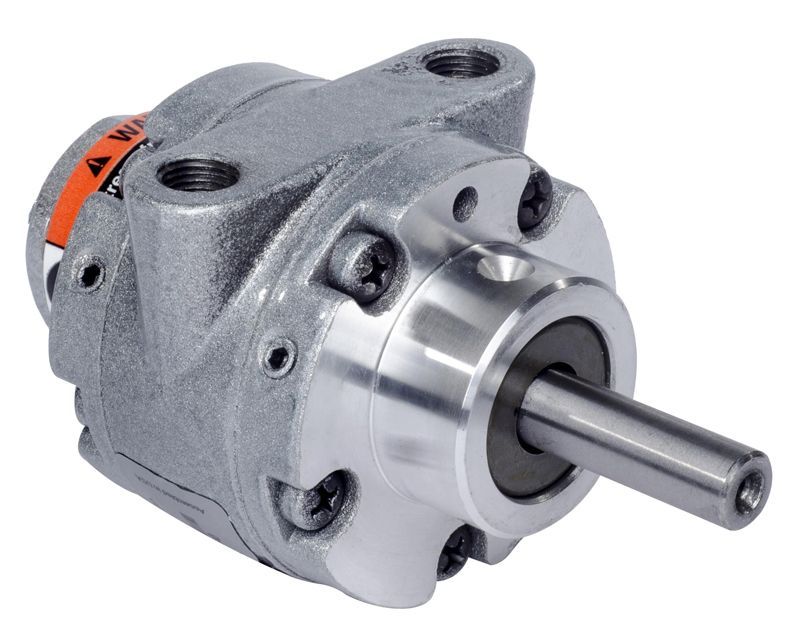 Hydraulic pump, silver metal with a rotating shaft.