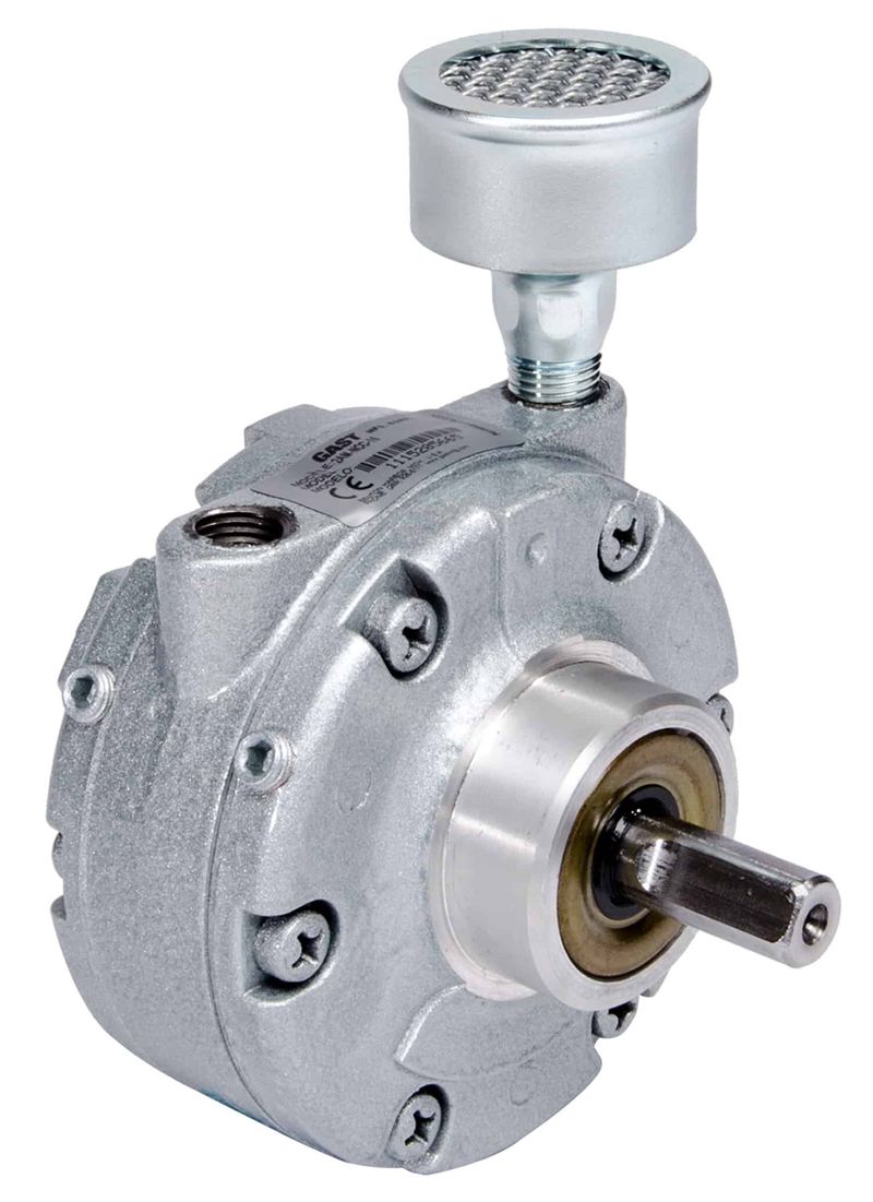 Silver air compressor with cylindrical intake, rotating shaft, and visible screws.