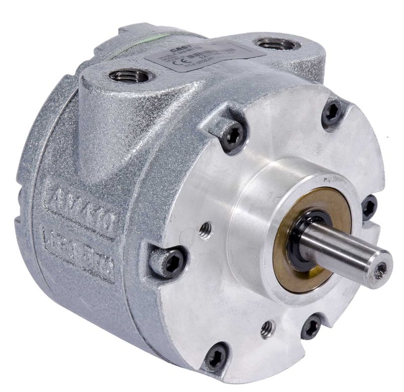 A silver hydraulic pump with a rotating shaft and inlet/outlet ports.