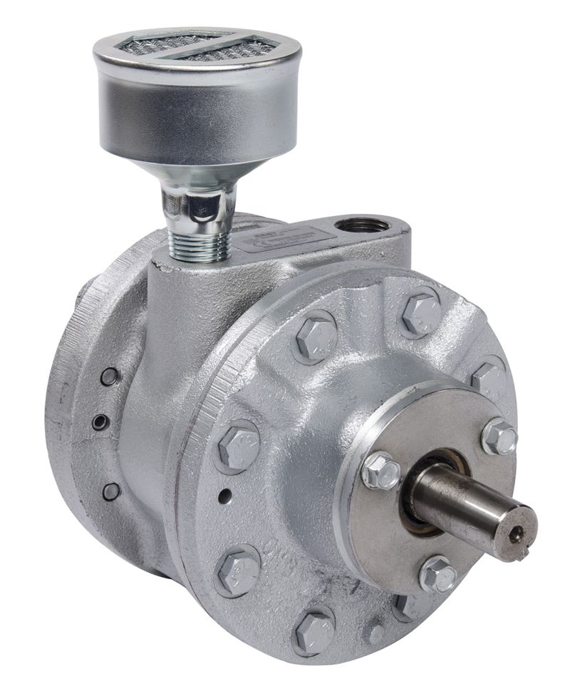Silver rotary vane pump with air filter on top, shaft protruding from one side, and bolts around its body.