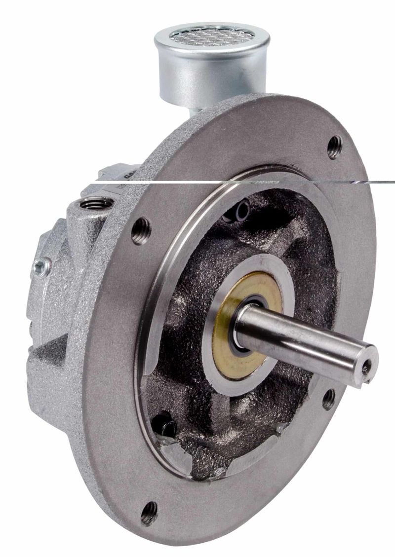 Gray industrial pump with a circular flange and shaft protruding.