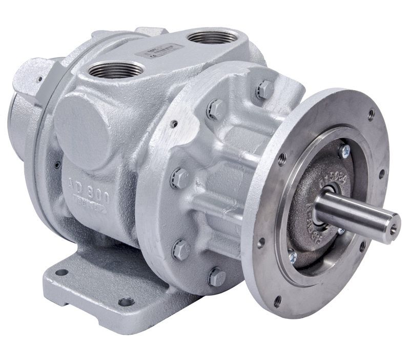 Silver industrial rotary pump with a circular flange, shaft, and two top ports.