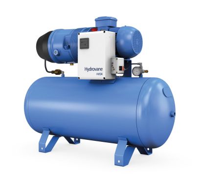 Blue air compressor with tank, motor, and control box.