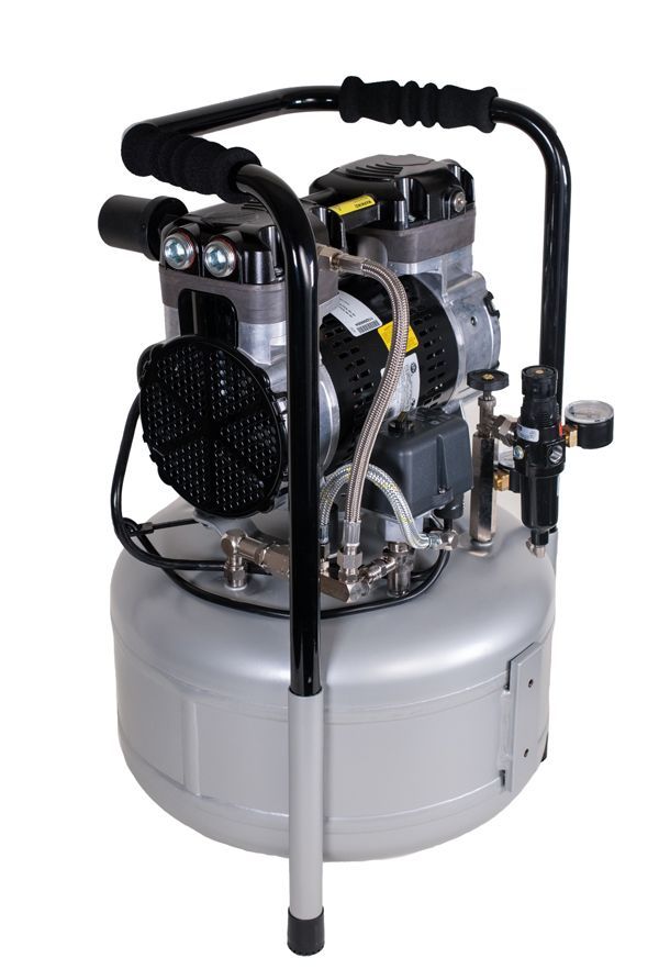 Silver portable air compressor with black frame and handle.
